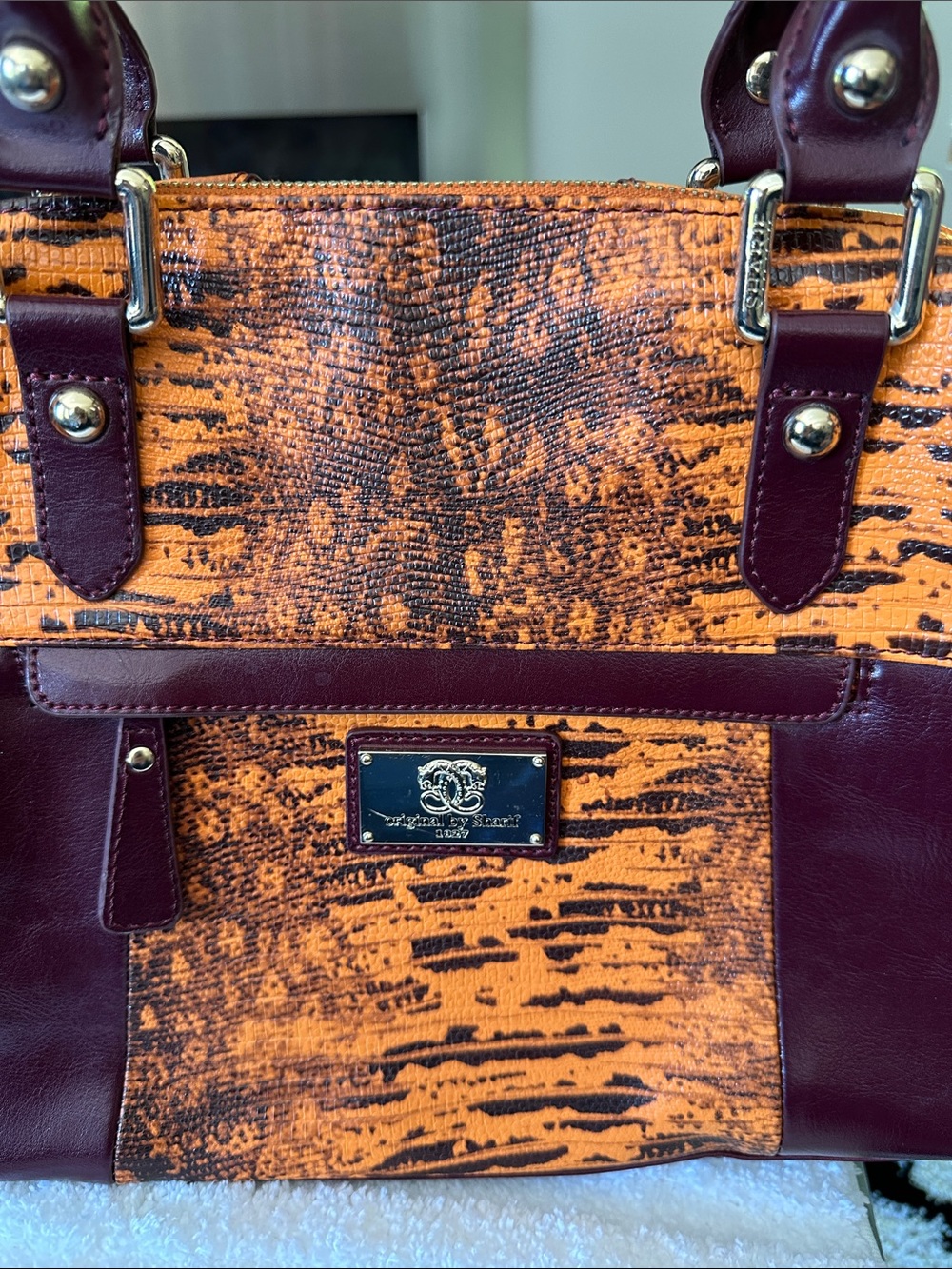 Sharif Orange & Burgundy Patterned Satchel with Gold Hardware - Picture 8 of 13